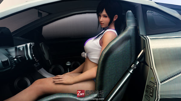 Anime picture 1280x720 with dead or alive kokoro (doa) looking at viewer light erotic black hair wide image sitting black eyes realistic bare legs 3d car interior girl underwear ground vehicle car