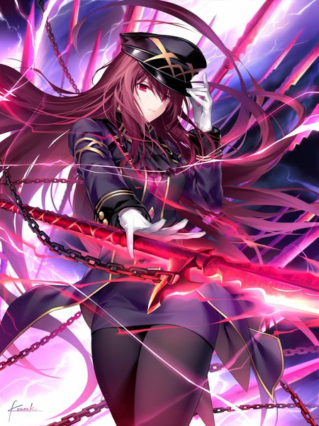 Anime picture 650x866 with fate (series) fate/grand order scathach (fate) (all) scathach (fate) kousaki rui single long hair tall image fringe hair between eyes red eyes brown hair signed looking away long sleeves alternate costume floating hair outstretched arm adjusting hat military
