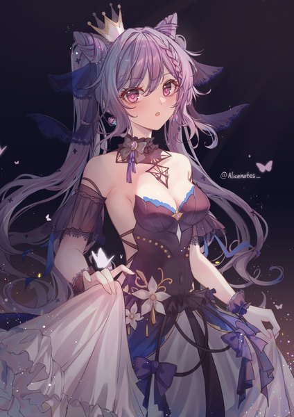 Anime picture 2976x4210 with genshin impact keqing (genshin impact) lixiang guo alice single long hair tall image looking at viewer blush fringe highres breasts open mouth light erotic simple background hair between eyes standing purple eyes twintails signed cleavage