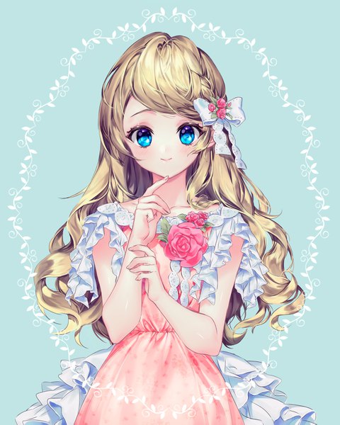 Anime picture 2500x3125 with original black joa single long hair tall image looking at viewer blush fringe highres blue eyes simple background blonde hair smile standing braid (braids) fingernails wavy hair blue background frilled dress girl