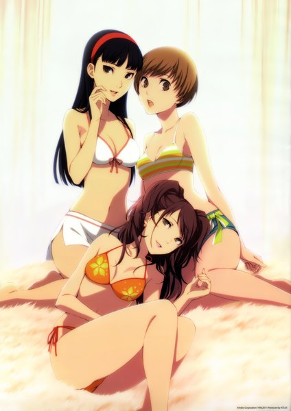 Anime picture 2970x4200 with persona 4 persona kujikawa rise satonaka chie amagi yukiko soejima shigenori long hair tall image highres short hair open mouth black hair brown hair multiple girls brown eyes legs girl navel swimsuit bikini