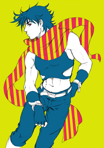Anime picture 566x800 with jojo no kimyou na bouken joseph joestar (young) chounorin single tall image looking at viewer short hair simple background red eyes blue hair profile bare belly hand on hip striped green background messy hair boy gloves navel belt