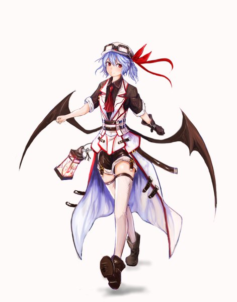 Anime picture 2200x2800 with touhou remilia scarlet lumo 1121 single tall image highres short hair simple background red eyes white background blue hair full body alternate costume walking bat wings twisty sleeves goggles on head low wings girl thighhighs