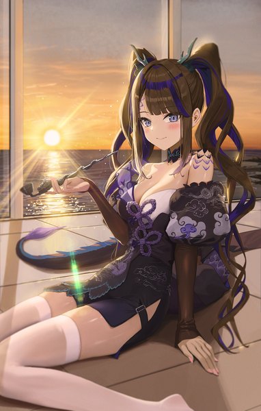 Anime picture 2227x3500 with virtual youtuber stellive airi kanna fieryonion single long hair tall image looking at viewer blush fringe highres breasts light erotic brown hair large breasts sitting purple eyes twintails holding payot