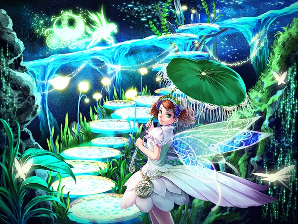 Anime picture 1000x750 with original hina gureko single fringe short hair smile brown hair green eyes looking back lips short sleeves fantasy glow insect wings butterfly wings girl dress plant (plants) wings hairband