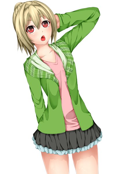 Anime picture 1000x1500 with original ayase tamaki single tall image short hair open mouth simple background blonde hair red eyes white background open clothes open jacket girl miniskirt