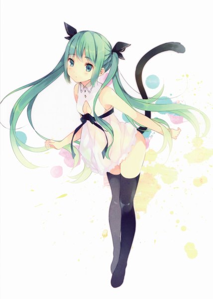 Anime picture 2910x4079 with vocaloid hatsune miku ousaka nozomi single long hair tall image looking at viewer highres light erotic twintails tail animal tail aqua eyes scan aqua hair cat tail no shoes girl thighhighs dress