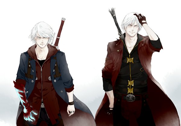 Anime picture 1150x800 with devil may cry dante (devil may cry) nero (devil may cry) 149 (pixiv) short hair blue eyes smile white background white hair boy sword belt fingerless gloves cloak