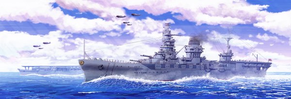 Anime picture 2000x683 with original earasensha wide image sky cloud (clouds) military weapon sea gun aircraft watercraft airplane ship