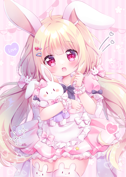 Anime-Bild 708x1000 mit original chiika (cure cherish) single tall image looking at viewer blush open mouth blonde hair twintails animal ears ahoge very long hair pink eyes bunny ears text low twintails pink background english girl thighhighs
