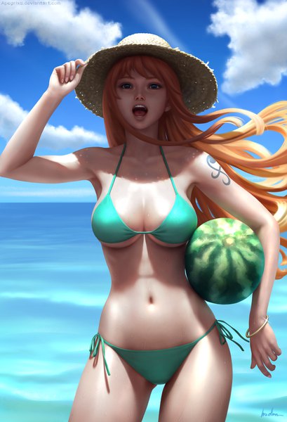 Anime picture 1200x1760 with one piece toei animation nami (one piece) gohpot single long hair tall image looking at viewer fringe breasts open mouth light erotic large breasts standing bare shoulders holding signed sky cleavage cloud (clouds)