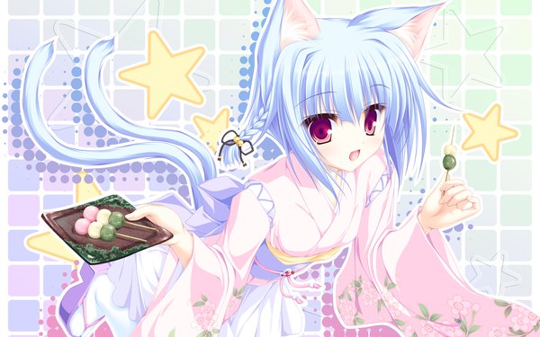 Anime picture 2560x1600 with highres wide image purple eyes blue hair japanese clothes cat girl girl