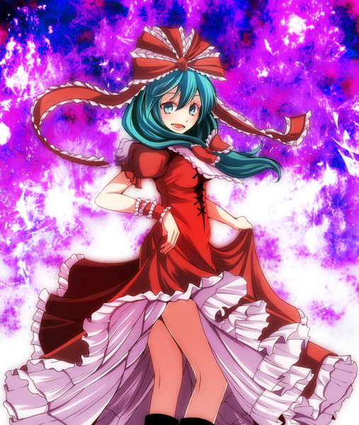 Anime picture 1774x2100 with touhou kagiyama hina s-syogo single long hair tall image looking at viewer highres open mouth blue eyes blue hair girl dress bow hair bow