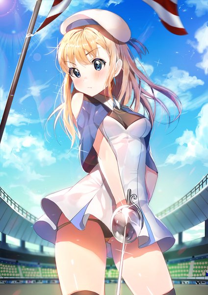 Anime-Bild 2828x4000 mit original dr poapo single long hair tall image blush highres blue eyes light erotic blonde hair sky cloud (clouds) sunlight embarrassed girl thighhighs underwear panties weapon black thighhighs