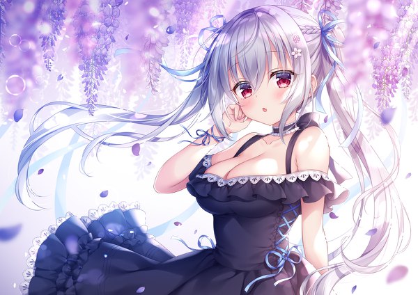 Anime picture 1200x848 with original mitsuba choco single long hair looking at viewer blush fringe breasts open mouth light erotic hair between eyes red eyes large breasts standing twintails payot cleavage silver hair outdoors braid (braids)