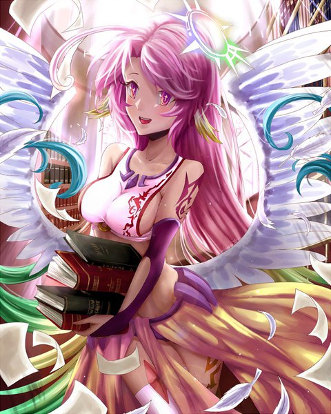 Anime picture 720x900 with no game no life madhouse jibril (no game no life) wani (fadgrith) single long hair tall image blush fringe breasts open mouth light erotic smile hair between eyes large breasts standing purple eyes bare shoulders holding payot