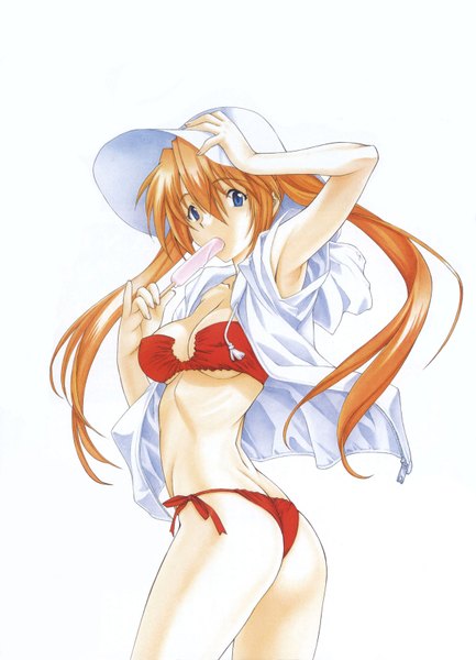 Anime picture 2443x3384 with neon genesis evangelion gainax soryu asuka langley utatane hiroyuki single long hair tall image looking at viewer fringe highres breasts blue eyes light erotic simple background hair between eyes white background twintails ass looking back orange hair