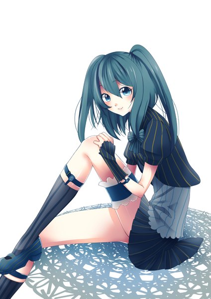 Anime picture 2480x3508 with vocaloid hatsune miku masumofu single long hair tall image blush highres blue eyes simple background smile sitting twintails aqua hair short sleeves alternate costume puffy sleeves girl skirt gloves