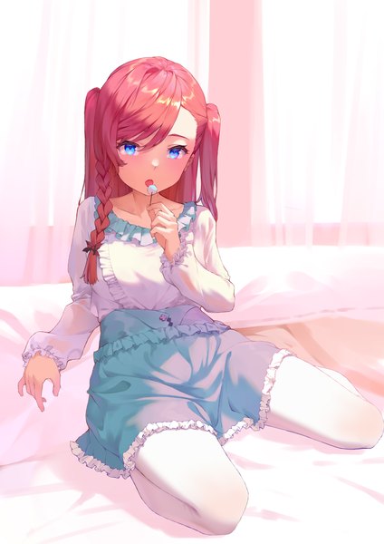 Anime picture 4960x7016 with original ren huozhe single long hair tall image looking at viewer blush fringe highres blue eyes hair between eyes sitting absurdres bent knee (knees) red hair indoors braid (braids) long sleeves blurry two side up