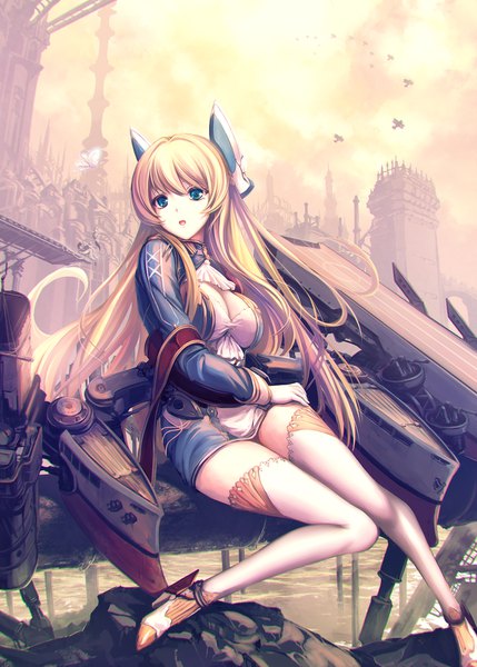 Anime picture 1296x1812 with azur lane glorious (azur lane) tenmaso single long hair tall image fringe breasts open mouth blue eyes blonde hair hair between eyes large breasts sitting payot looking away sky cleavage cloud (clouds) full body