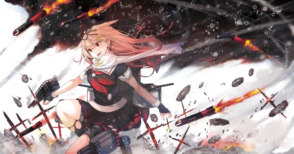 Anime picture 1200x630 with kantai collection yuudachi destroyer yumeko (tokiti) long hair blush smile red eyes wide image bent knee (knees) multicolored hair happy gradient hair remodel (kantai collection) girl gloves uniform serafuku scarf fingerless gloves fire