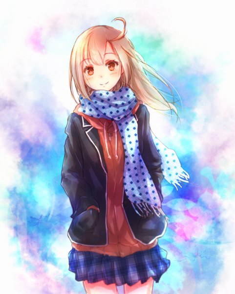 Anime picture 882x1100 with original mogupon single long hair tall image looking at viewer blush fringe simple background red eyes brown hair ahoge light smile wind hands in pockets girl uniform school uniform scarf