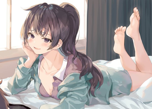 Anime picture 4096x2936 with original momoko (momopoco) single long hair looking at viewer blush fringe highres breasts open mouth brown hair brown eyes absurdres cleavage full body ponytail indoors lying blunt bangs long sleeves