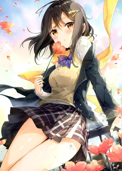 Anime picture 2110x2961 with original fuumi (radial engine) single tall image looking at viewer blush fringe highres short hair breasts black hair hair between eyes sitting holding looking away sky cloud (clouds) bent knee (knees) parted lips wind