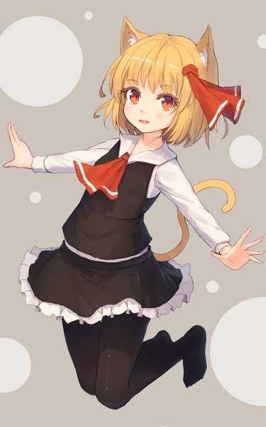 Anime picture 800x1280 with touhou rumia shone single tall image looking at viewer blush fringe short hair open mouth simple background blonde hair red eyes animal ears full body tail blunt bangs animal tail cat ears grey background