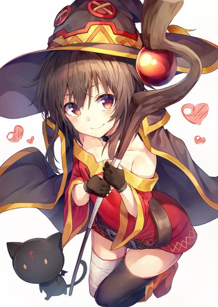 Anime picture 853x1200 with kono subarashii sekai ni shukufuku wo! studio deen megumin chomusuke huwari (dnwls3010) single tall image looking at viewer blush fringe short hair simple background smile hair between eyes red eyes brown hair white background bare shoulders holding payot