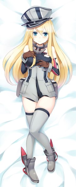 Anime picture 600x1476 with kantai collection bismarck battleship soranopin single long hair tall image looking at viewer blush blue eyes light erotic blonde hair lying long sleeves torn clothes girl thighhighs gloves uniform detached sleeves bed