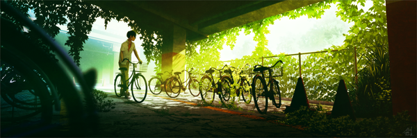 Anime picture 1400x466 with original mocha (cotton) single short hair wide image holding sunlight shadow sunbeam walking boy ground vehicle bicycle