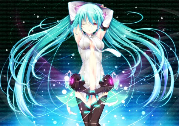 Anime picture 2480x1748 with vocaloid vocaloid append hatsune miku hatsune miku (append) itaya saaya single highres light erotic red eyes very long hair one eye closed wink aqua hair armpit (armpits) arms behind head girl thighhighs navel black thighhighs detached sleeves