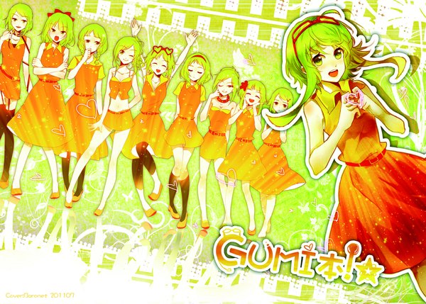 Anime picture 1074x768 with vocaloid juu mensou (vocaloid) gumi short hair open mouth smile green eyes braid (braids) eyes closed one eye closed hair flower green hair wink wallpaper hand on hip twin braids happy crossed arms multiple persona girl