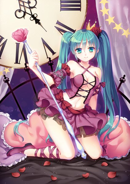 Anime picture 1000x1420 with vocaloid hatsune miku philomelalilium single tall image looking at viewer breasts light erotic twintails bare shoulders very long hair aqua eyes aqua hair girl dress flower (flowers) detached sleeves petals pillow clock