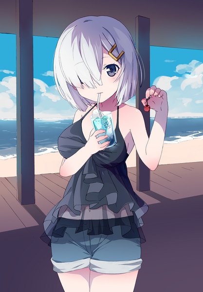 Anime picture 796x1144 with kantai collection hamakaze destroyer kusumoto single tall image looking at viewer blush fringe short hair breasts bare shoulders sky silver hair cloud (clouds) hair over one eye grey eyes alternate costume beach drinking girl