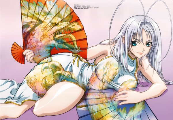 Anime picture 3508x2434 with tenjou tenge natsume maya okuda yoshiko single long hair looking at viewer highres blue eyes light erotic absurdres silver hair traditional clothes scan official art chinese clothes girl fan chinese dress