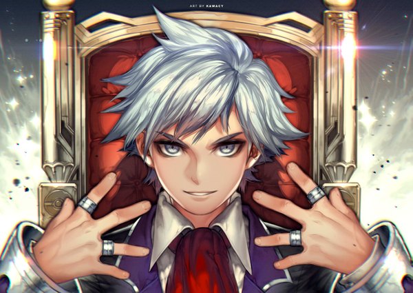 Anime picture 1280x908 with pokemon pokemon (game) pokemon oras nintendo steven stone kawacy single looking at viewer fringe short hair smile sitting signed silver hair portrait silver eyes boy ring neckerchief hands