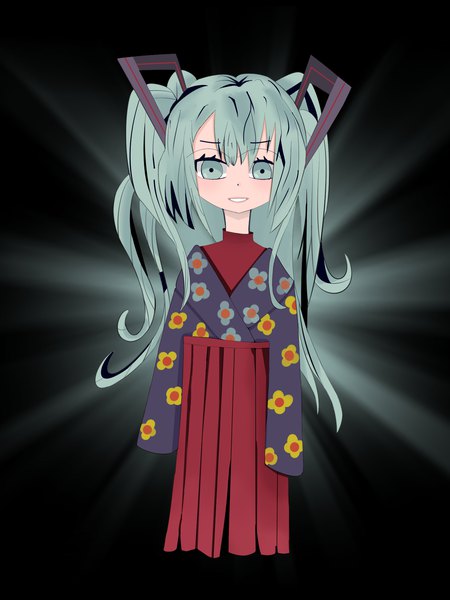 Anime picture 1500x2000 with vocaloid hatsune miku everyfrost single long hair tall image looking at viewer fringe simple background smile hair between eyes standing twintails payot full body traditional clothes japanese clothes aqua eyes aqua hair grin