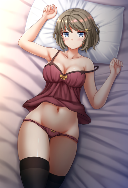 Anime picture 1200x1760 with seishun buta yarou cloverworks koga tomoe kazenokaze single tall image looking at viewer blush fringe short hair breasts blue eyes light erotic hair between eyes brown hair bare shoulders lying arm up bare belly on back