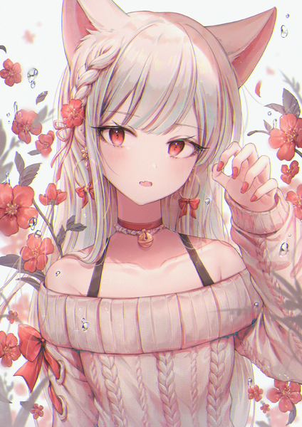 Anime picture 700x990 with original ozzingo single long hair tall image looking at viewer blush fringe open mouth red eyes bare shoulders animal ears payot silver hair upper body blunt bangs braid (braids) long sleeves nail polish arm up