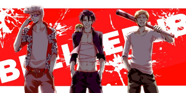 Anime picture 1800x906 with beelzebub studio pierrot oga tatsumi beelzebub iv kanzaki hajime himekawa tatsuya me rou (artist) highres short hair blonde hair wide image purple hair white hair green hair group red background hand in pocket hands in pockets pompadour boy