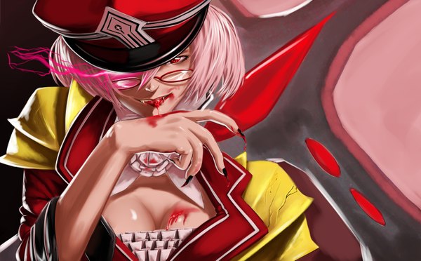Anime picture 2944x1830 with forgotten-wings single looking at viewer highres short hair red eyes wide image pink hair teeth fang (fangs) glowing glowing eye (eyes) vampire girl glasses blood flat cap