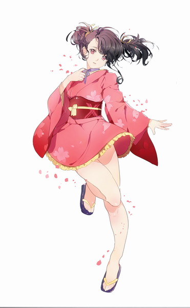 Anime picture 2535x4093 with koutetsujou no kabaneri wit studio mumei (kabaneri) papem ioa single tall image highres short hair black hair simple background red eyes white background twintails looking away full body bent knee (knees) traditional clothes japanese clothes bare legs floral print
