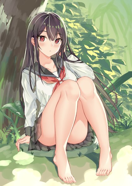 Anime picture 860x1214 with original nekoma0116 single long hair tall image looking at viewer blush fringe light erotic black hair hair between eyes red eyes sitting full body bent knee (knees) outdoors pleated skirt barefoot wind arm support