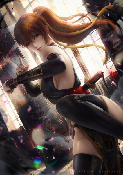 Anime picture 3532x5000 with dead or alive kasumi (doa) axsen single long hair tall image looking at viewer blush fringe highres breasts light erotic hair between eyes brown hair large breasts brown eyes signed payot absurdres ponytail