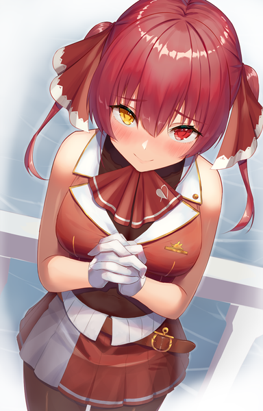 Anime picture 1000x1560 with virtual youtuber hololive houshou marine houshou marine (1st costume) nyaa28 single long hair tall image looking at viewer blush fringe smile hair between eyes twintails red hair from above heterochromia hands clasped interlocked fingers girl