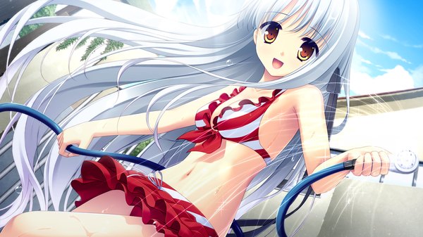 Anime picture 1024x576 with lovely quest sakuraba minaho single long hair looking at viewer open mouth smile wide image bare shoulders yellow eyes game cg white hair bare belly girl navel ribbon (ribbons) swimsuit hair ribbon bikini water