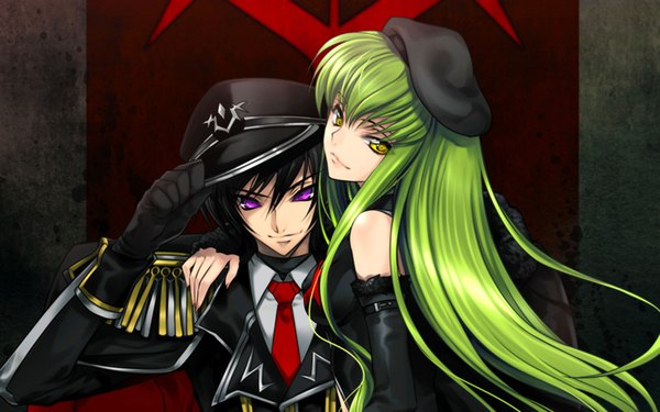 Anime picture 1920x1200 with code geass sunrise (studio) c.c. lelouch lamperouge long hair looking at viewer fringe highres short hair black hair wide image purple eyes yellow eyes green hair couple hand on another's shoulder girl boy gloves uniform