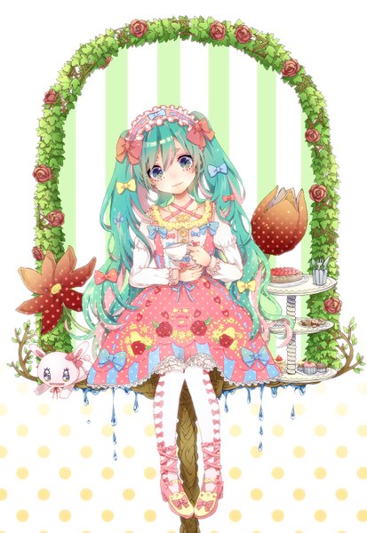 Anime picture 1000x1452 with vocaloid hatsune miku pipipiosuke single long hair tall image blue eyes twintails aqua hair girl dress flower (flowers) bow hair bow food frills sweets cup